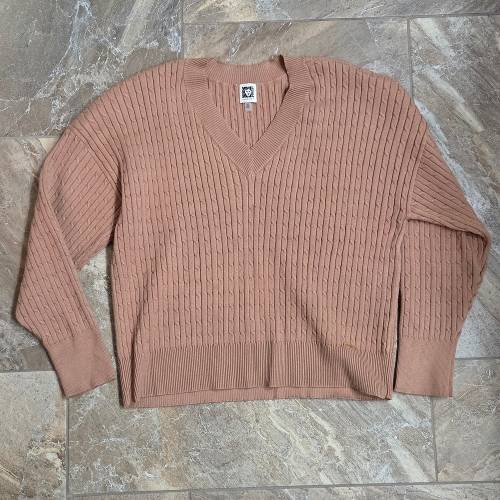 Anne Klein Mauve Pink Cable Knit V-Neck Sweater XL Pullover Drop Shoulder